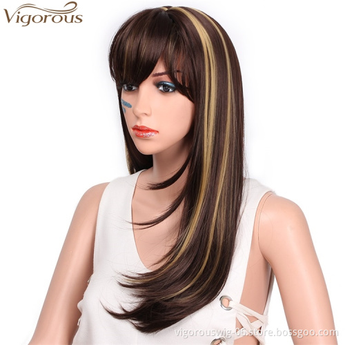 Vigorous Long Silky Straight Dark Brown Highlight Heat Resistant Smooth Synthetic Wig with Inclined Bangs for Women